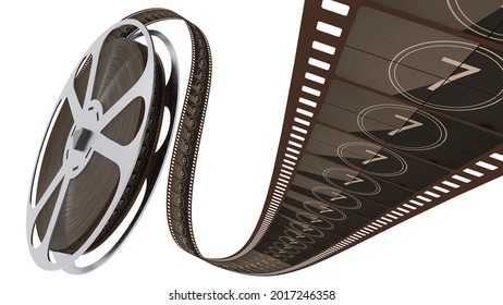 Film strip unreels film reel. Isolated cinema spool with old retro movie countdown on the white background. Bobbin spinning and film strip moving to camera, cinematography production 3d rendering.