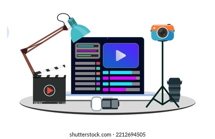 Filmmaker And Videography Concept With Video Editing Software And Recording Gear Design Flat. Modern Computer With Camera, Lense, Clapper Board And Led Light With Other Cinematography Equipment