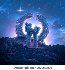 Final farewell beyond the stars - 3D illustration of male and female astronaut couple silhouetted embracing on alien planet by broken teleportation portal