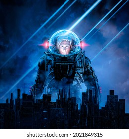 The Final Mission - 3D Illustration Of Heroic Male Science Fiction Astronaut Commander Rising Behind Futuristic City Against Ominous Sky