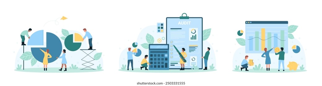 Finance analytics set illustration. Cartoon tiny people connect segment of pie chart, work on audit report and financial analysis with pen and calculator, analyze chart of stock market - Powered by Shutterstock