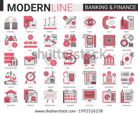 Finance and banking complex flat line red black icons illustration set. Creative website financial outline symbols of digital bank software, legal insurance and cyber security business