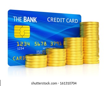 Finance, Business And Banking Concept. Bank Credit Card And Growing Graph Of Golden Coins Isolated On White Background