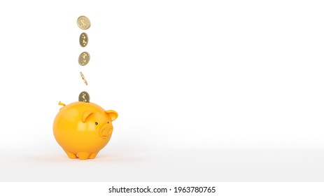 Finance concept Yellow-colored piggy bank with dollar coin isolated on white-colored background Horizontal composition with copy space 3d rendering
