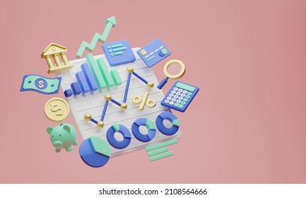 Finance consulting investment business money coins banknotes banking office analysis growth arrow chart report  balance calculator statistic tax financial savings concept. 3d rendering.
