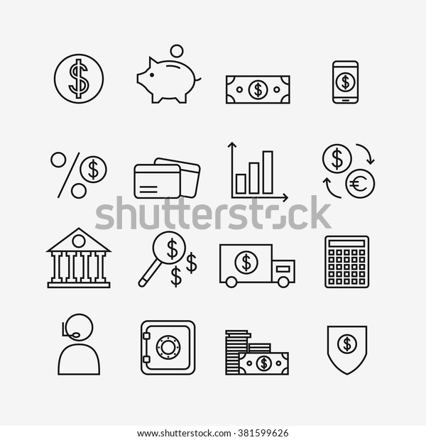 Finance\
icons isolated on background. Bank icons set. Money box, dollar,\
money exchange, mobile banking, credit card. Outline bank icons for\
web business. Flat line style illustration.\
