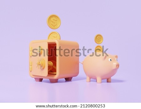 Finance saving concept. Safe box and Piggy bank, cartoon style minimal on purple pastel background, tax, copy space, 3D render illustration