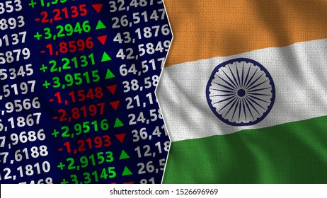 Finance, Stock Market, Stock Exchange  With India  Flag - 3D Illustration Fabric Texture