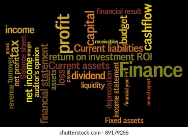 Finance terms and lingo info-text graphics and arrangement word clouds illustration concept
