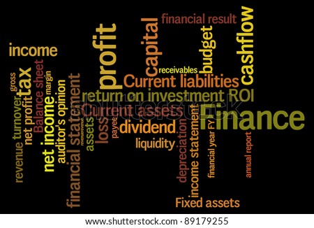 Finance terms and lingo info-text graphics and arrangement word clouds illustration concept
