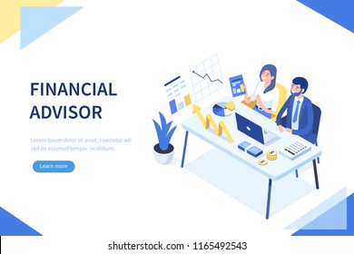 Financial advisor concept banner with characters. Can use for web banner, infographics, hero images. Flat isometric illustration isolated on white background. - Powered by Shutterstock