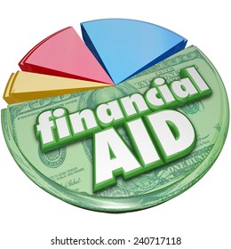 Financial Aid 3d Words On A Pie Chart Of Money, Support, Assistance Or Help For College Or Meeting Daily Expenses Such As Food, Energy And Other Needed Spending