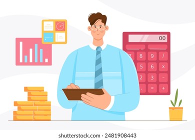 Financial analysis of confident advisor illustration. Cartoon businessman holding tablet to research data graphs of profit growth, advices and analytics from professional stock market expert - Powered by Shutterstock