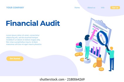 Financial Audit Service Concept Analysing Chart Landing Page.  Analyse Concept Business Service, Illustration Of Chart Analysis Financial