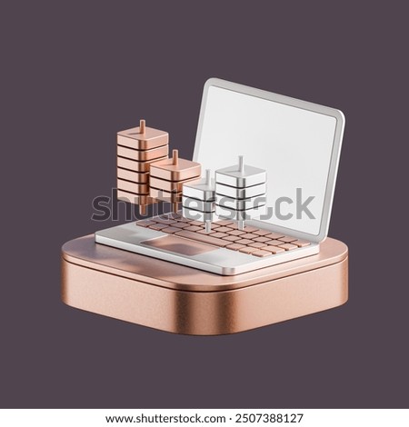 financial and banking concept of growth statistics and analyze graph. 3d illustration of diagram and bar charts with money. 3d rendering of japanese candle on laptop