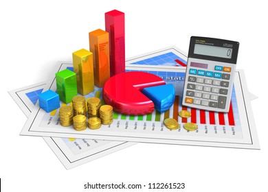 Financial business, analytics, banking and accounting concept: pie chart, bar graph, golden coins and office calculator on successful economical reports isolated on white background - Powered by Shutterstock