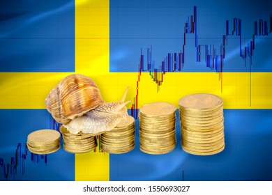 Financial Business Concept Of Snail Crawling On A Pile Of Coins In Front Of Stock Chart And A Flag Of Sweden. Slow Economic Growth