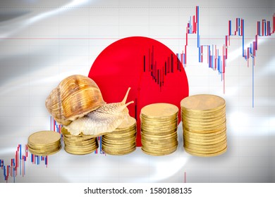 Financial Business Concept Of Snail Crawling On A Pile Of Coins In Front Of Stock Chart And A Flag Of Japan. Slow Economic Growth