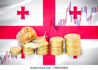 Financial Business Concept Of Snail Crawling On A Pile Of Coins In Front Of Stock Chart And A Flag Of Georgia. Slow Economic Growth