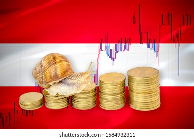 Financial Business Concept Of Snail Crawling On A Pile Of Coins In Front Of Stock Chart And A Flag Of Austria. Slow Economic Growth