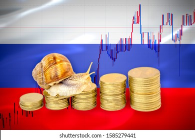 Financial Business Concept Of Snail Crawling On A Pile Of Coins In Front Of Stock Chart And A Flag Of Russia. Slow Economic Growth