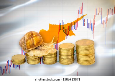 Financial Business Concept Of Snail Crawling On A Pile Of Coins In Front Of Stock Chart And A Flag Of Cyprus. Slow Economic Growth