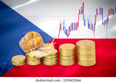 Financial Business Concept Of Snail Crawling On A Pile Of Coins In Front Of Stock Chart And A Flag Of Czechia. Slow Economic Growth