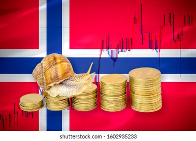 Financial Business Concept Of Snail Crawling On A Pile Of Coins In Front Of Stock Chart And A Flag Of Norway. Slow Economic Growth