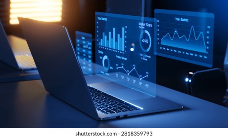 Financial Business data graph chart statistic concept. Marketing technology hologram and laptop - 3d rendering