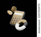 Financial Calculator Icon - 3D Calculator with Coins and Data Visualization Ring for Accounting and Analytics