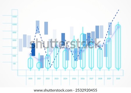 Financial chart with candlestick and bar graph, showcasing upward growth trend, with data points and years on a white background. 3D Rendering