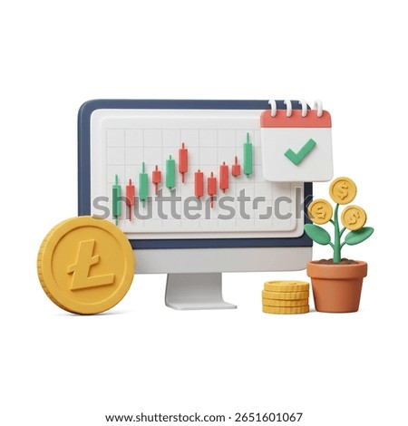 Financial chart displayed on a computer screen alongside a growing coin plant represents cryptocurrency trading and investment success Use for finance and investment content.