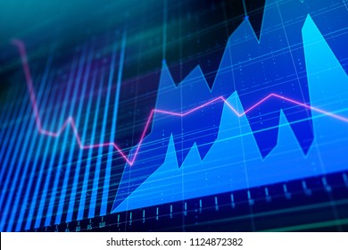 Financial Chart With Forex Graphs And Glowing Pink Line Going Down On Blue Abstract Background. 3D Render