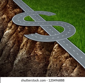 Financial cliff or fiscal risk and dangerous challenges regarding investing and finance management pit falls with a highway in the shape of a dollar symbol on the edge of a hazardous rock cliff.