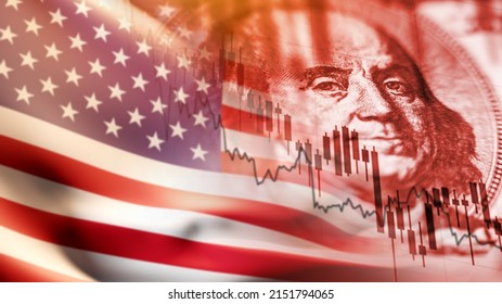 Financial collapse. Decline in value of US stocks. Decline in America's GDP growth concept. Falling graph in front of USA flag. Economic crisis in America. US dollar inflation metaphor. 3d rendering.