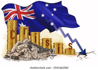 Financial Crash In Australia. Global Economic Crisis.Tower Coins And Flag, Near Cracked Bank, White Background.