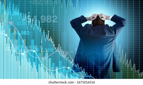 Financial crisis and Economy or economic fear and Stock market selling with a stock broker or financial advisor investor in panic mode as a recession and finance risk with 3D illustration style. - Powered by Shutterstock