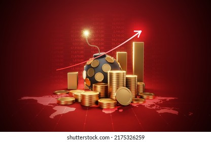 Financial Crisis Gold Coin Explosive Bomb On Global Crash Business 3d Background With Growth Impact Price Inflation Rate Chart Or Risk Finance Market Economy Recession And Money Exchange Currency.