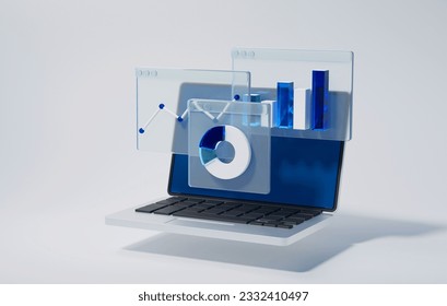 Financial data analysis and business growth with pie chart and bar graph on white background. 3D render illustration