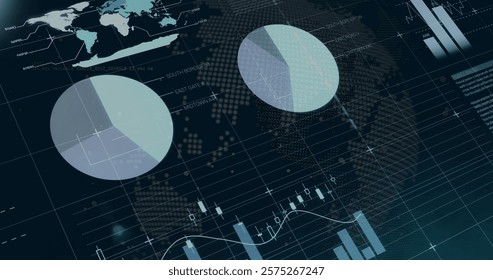 Financial data charts and graphs image over world map background. Finance, analytics, investment, economy, global, statistics