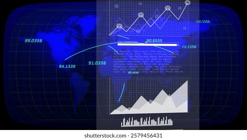 Financial data charts and graphs image over world map background. Finance, analytics, global, statistics, economy, business