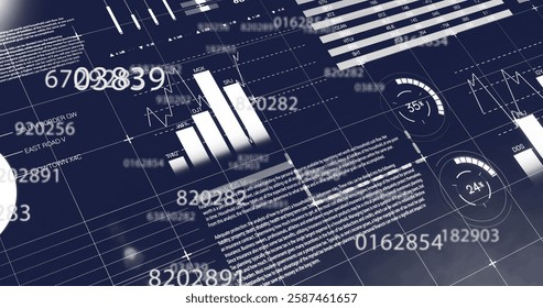 Financial data and charts image over world map and numerical figures. Finance, economy, statistics, global, analysis, growth