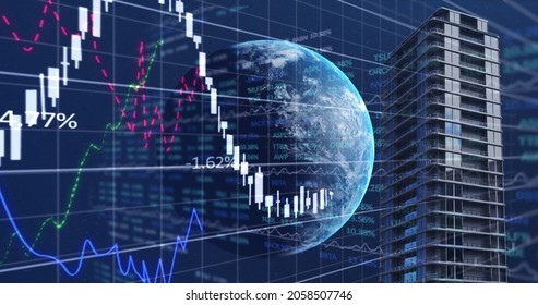 Financial data processing over globe and tall buildings against blue background. global finance and business concept