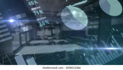 Financial data processing over world map against empty office in background. global finance and business concept