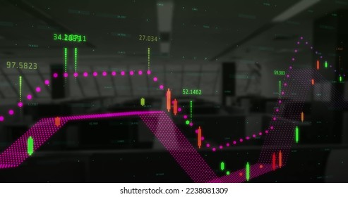 Financial data processing over world map against empty office in background. global finance and business concept
