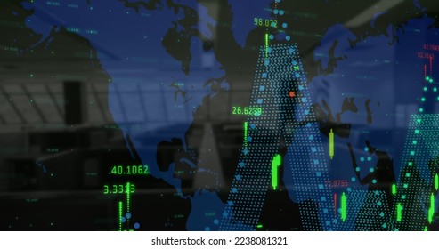 Financial data processing over world map against empty office in background. global finance and business concept