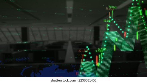 Financial data processing over world map against empty office in background. global finance and business concept