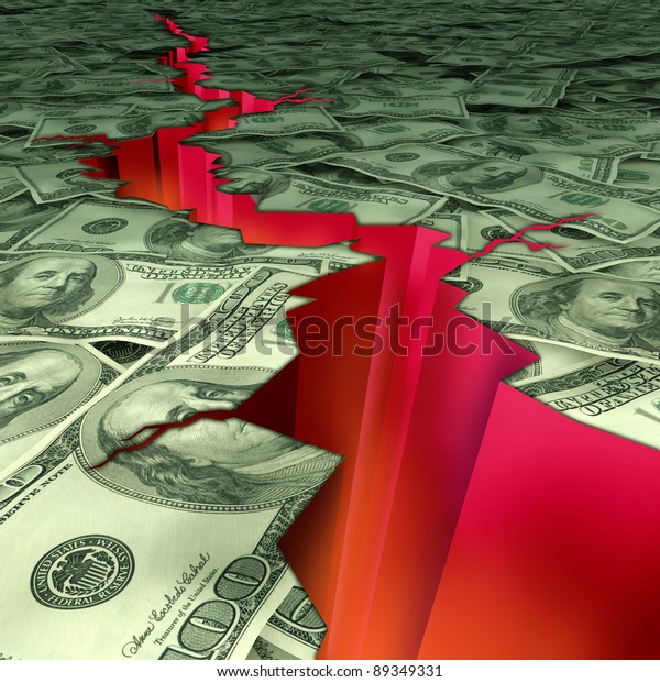 Financial disaster and economic earthquake\
symbol and concept of struggling economy and market recession and\
U.S debt and deficit showing American currency cracked and damaged\
by a deep red\
rupture.