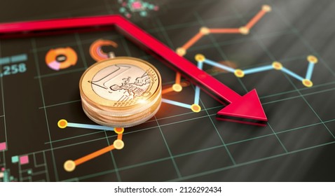 Financial Economic Global Crisis, Budget Constraints In Budget, Declining Stock Markets. Economy Is In Inflation, Arrow Is Pointing Down 3D Render Background.