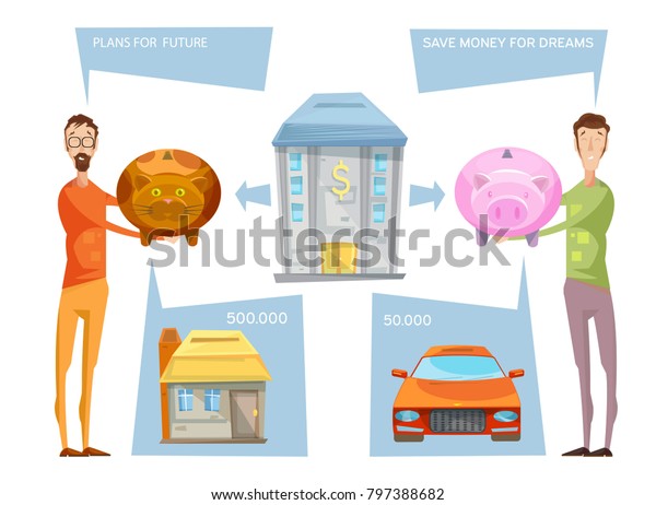 Financial goals conceptual composition with
two male characters holding still banks with thought bubbles and
desires 
illustration